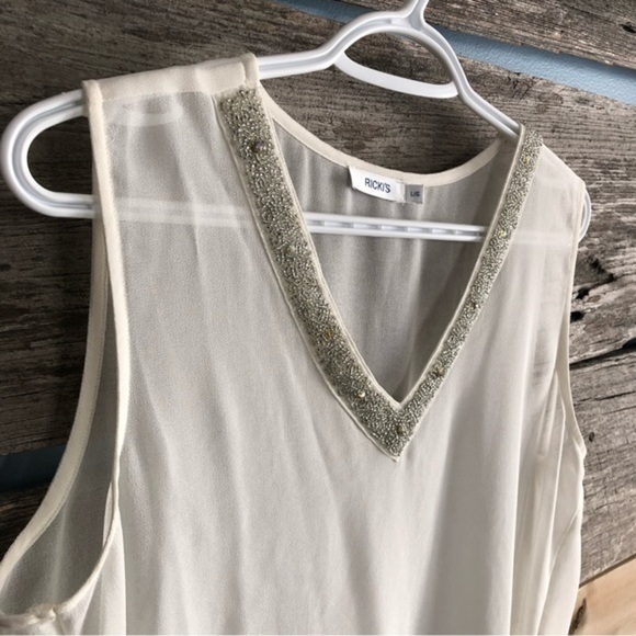 RICKI'S Size Large White Semi Sheer, Beaded V-Neck Sleeveless Blouse - Picture 2 of 4